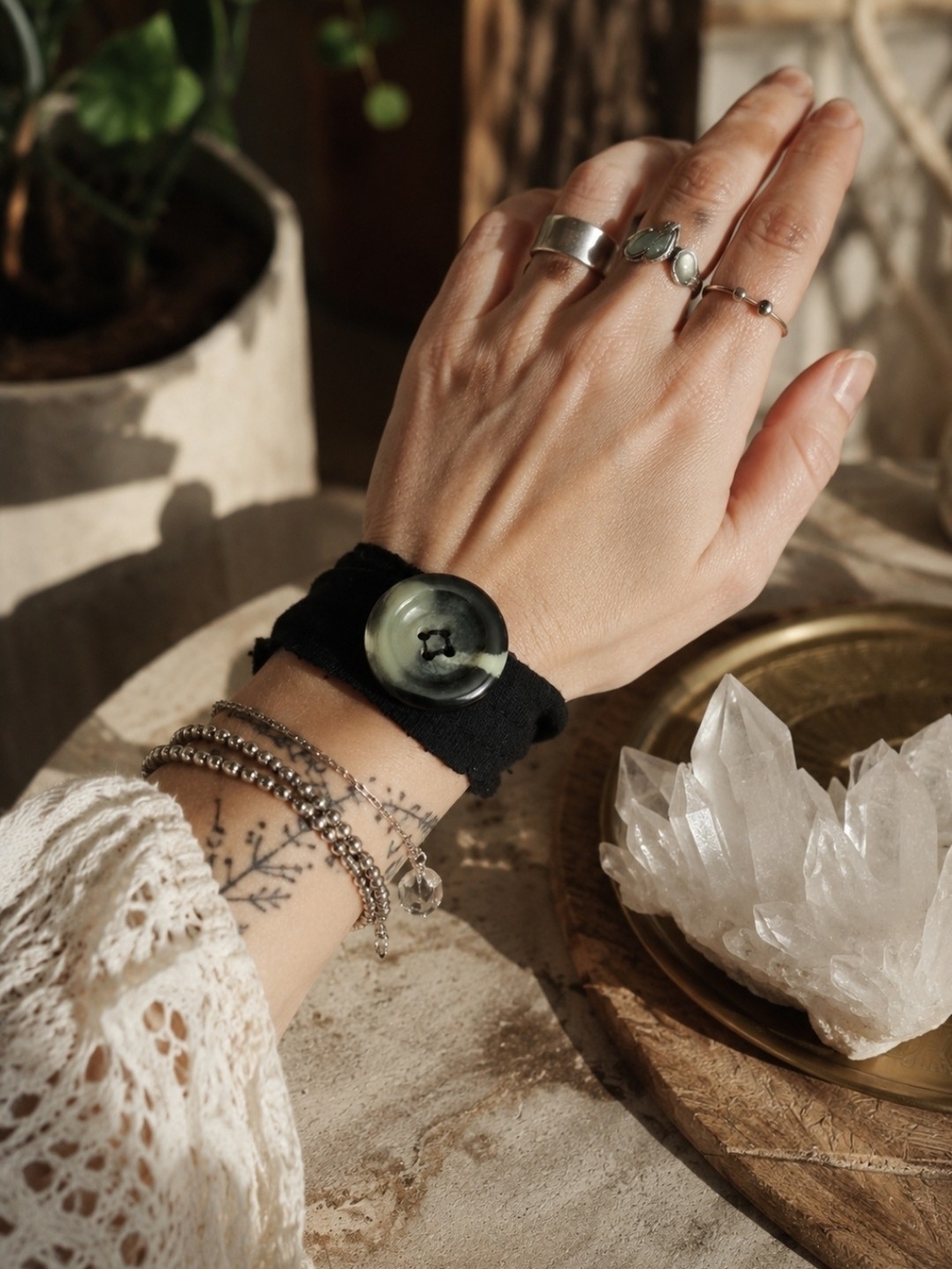 4/$15 Dark Romance Vintage Fabric Bracelet with Tortoise Button 100% Cotton